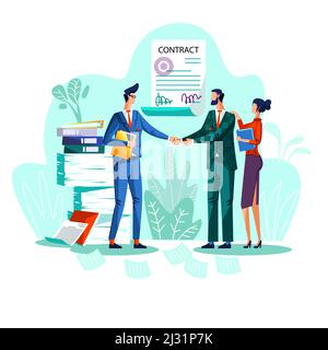Illustrazione vettoriale del concetto di conclusione del contratto. Uomini d'affari soddisfatti scuotono le mani contro l'accordo firmato con il sigillo e le firme, la donna si alza beh Illustrazione Vettoriale