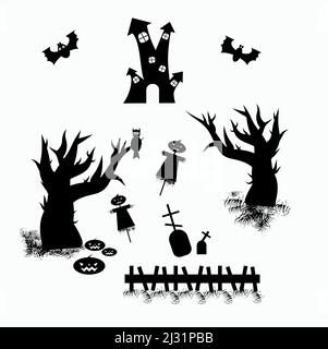 Set di silhouette di Halloween su sfondo bianco. Illustrazione vettoriale Illustrazione Vettoriale
