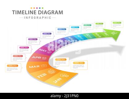 modello infografico per le aziende. Calendario mensile con diagramma Timeline moderno con grafico Gantt a 3D scale Illustrazione Vettoriale