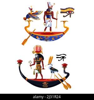 Antico Egitto sole dio Ra o Horus cartoon illustrazione vettoriale. Cultura egiziana simboli religiosi, antico dio-falco in barca di notte e giorno, sacro b Illustrazione Vettoriale