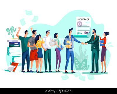 Illustrazione vettoriale della conclusione del contratto e del concetto di lavoro di squadra. Uomini d'affari soddisfatti scuotono le mani contro l'accordo firmato con sigillo e firme, wom Illustrazione Vettoriale