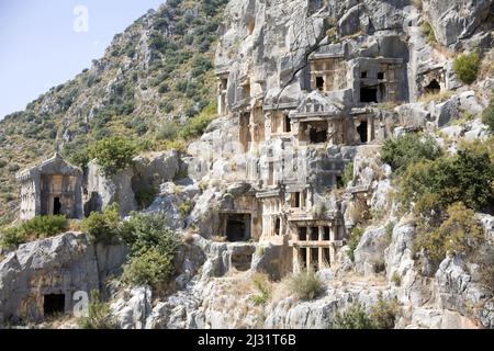 Tombe di roccia Antiqe di Myra, Demre, Anatolia, antica Regione di Lycia, Turchia, Mar Mediterraneo Foto Stock