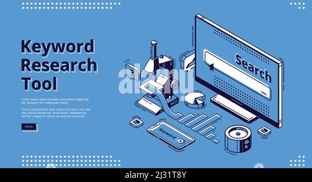 Pagina di destinazione isometrica dello strumento di ricerca per parole chiave. Microscopio, smartphone, grafico e grafico a torta posizionati intorno al monitor del computer. Ottimizzazione SEO, analisi se Illustrazione Vettoriale