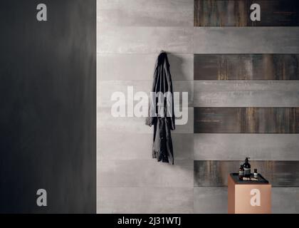 Bagno moderno con piastrelle eleganti, design senza cuciture, lussuoso sfondo interno Foto Stock