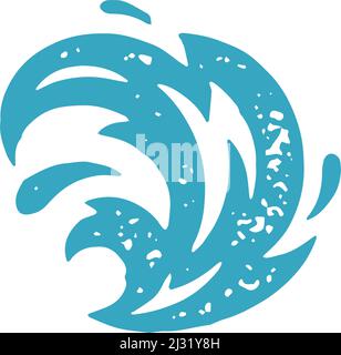 Astratto onda blu spruzzi d'acqua decorativo design grunge texture illustrazione vettoriale. Disegno a mano nautico logotipo curvo vento bagnato aqua superficie nat Illustrazione Vettoriale