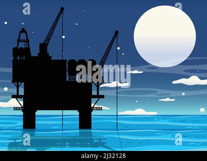 Concetto dell'industria petrolifera con illustrazione della piattaforma petrolifera offshore Illustrazione Vettoriale