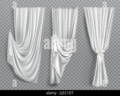 Set di tende bianche, telo ripiegato per decorazioni interne isolato su sfondo trasparente. Materiale morbido e leggero trasparente, tendaggi in tessuto di Illustrazione Vettoriale