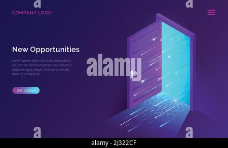 Nuova pagina di destinazione isometrica delle opportunità. Codice digitale binario che passa attraverso porta aperta su sfondo futuristico incandescente neon. Nuove tecnologie in arrivo Illustrazione Vettoriale