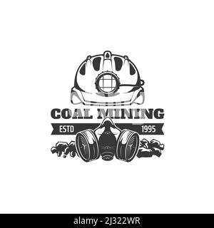 Icona del settore minerario. Produzione di combustibile fossile, simbolo monocromatico del vettore di estrazione del carbone con elmetto a elmetto minatore con faro, maschera a gas o respiratore, blocchi di carbone Illustrazione Vettoriale