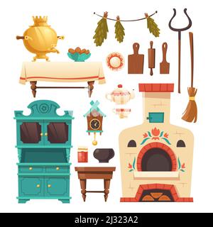 Elementi interni della vecchia cucina russa con forno, samovar, orologio a cucù e impugnatura. Insieme vettoriale di mobili antichi ucraini tradizionali in zona rurale Illustrazione Vettoriale
