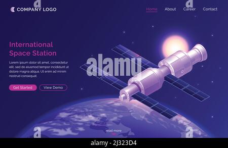 Stazione spaziale internazionale pagina di atterraggio isometrica, satellite o astronave orbitante Terra in cielo stellato, esplorazione del cosmo dell'ISS, universo esterno scient Illustrazione Vettoriale