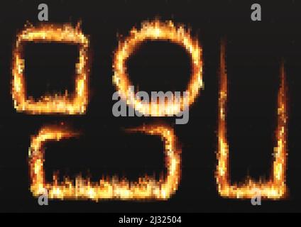 Fiamma di fuoco dell'anello, che brucia le cornici di forme differenti. Mockup vettoriale realistico con cerchio acceso, bordi quadrati e rettangolari, sibili banner isol Illustrazione Vettoriale