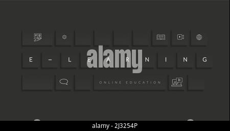 Progettazione vettoriale di e-learning. Testo di eLearning nell'elemento della bacheca con icone didattiche per l'apprendimento delle conoscenze didattiche online. Illustrazione Vettoriale