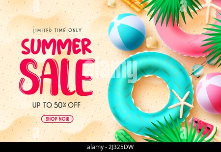 Vendita estate disegno vettoriale banner. Testo della vendita estiva in sabbia fondo spiaggia con offerta di sconto limitata nel tempo per la pubblicità promozionale stagionale. Illustrazione Vettoriale