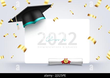 Design del modello vettoriale di graduazione. Congratulazioni classe di 2022 testi in bianco spazio con cappellino da tavolo, diploma e confetti per la celebrazione. Illustrazione Vettoriale