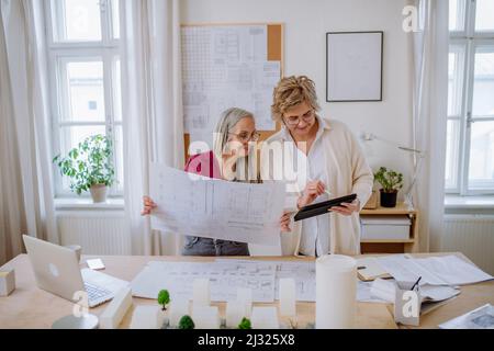 Le donne mature architetti che guardano i progetti insieme in ufficio . Foto Stock