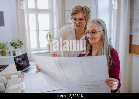 Le donne mature architetti che guardano i progetti insieme in ufficio . Foto Stock