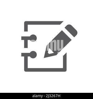 Pagina del notebook e icona vettoriale nera a matita. Modifica, simbolo riempito dall'agenda elettronica. Illustrazione Vettoriale