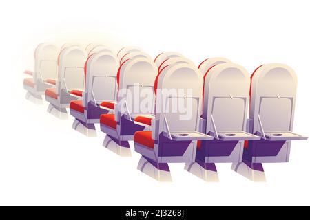 Vista posteriore dei sedili dell'aereo isolata. Piano classe economica sedie vuote e tavoli pieghevoli fila, posti salone di aeromobili. Comode poltrone per viaggiare, Illustrazione Vettoriale