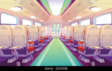 Interno vuoto di autobus, treni o aerei con sedie e tavoli con sedili pieghevoli. Cabina vettoriale cartone animato di trasporto passeggeri con comodo Illustrazione Vettoriale