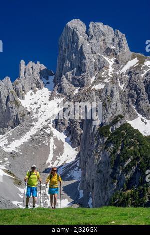 Trekking uomo e donna, Bischofsmütze sullo sfondo, Stuhlalm, Gosaukamm, Dachstein, Salzalpensteig, Patrimonio mondiale dell'UNESCO Hallstatt, Salisburgo, Austria Foto Stock