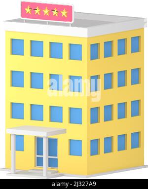 Moderno edificio giallo a più piani facciata viaggio hotel servizio clienti appartamento 3D icone realistiche illustrazione vettoriale. Architettura urbana centro b Illustrazione Vettoriale