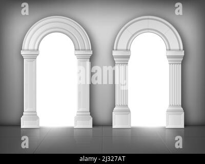 Archi con colonne in muro, porte interne con colonne bianche in palazzo o castello, archi, portale d'ingresso, antico portale con luce del sole andare Illustrazione Vettoriale
