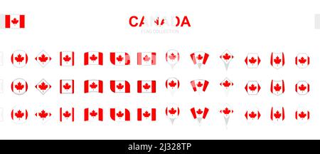 Grande collezione di bandiere canadesi di varie forme ed effetti. Grande set di flag vettoriali. Illustrazione Vettoriale