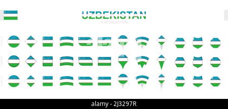 Grande collezione di bandiere uzbekistan di varie forme ed effetti. Grande set di flag vettoriali. Illustrazione Vettoriale