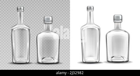 Due bottiglie vuote in vetro per alcol. Set vettoriale di bottiglie realistiche di whiskey, gin, tequila o brandy trasparenti con tappi in metallo isolati su e. Illustrazione Vettoriale