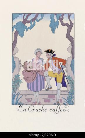 La Cruche cassee. La caraffa rotta. Stampa mostra 18th secolo di abbigliamento francese da almanac Falbalas et Fanfreluches di George Barbier 1922 - 1926. Dopo un lavoro dell'illustratore francese George Barbier, 1882 - 1932. Foto Stock