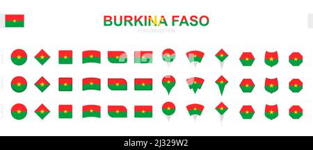 Grande collezione di bandiere del Burkina Faso di varie forme ed effetti. Grande set di flag vettoriali. Illustrazione Vettoriale