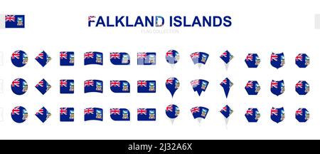 Grande collezione di bandiere delle Isole Falkland di varie forme ed effetti. Grande set di flag vettoriali. Illustrazione Vettoriale