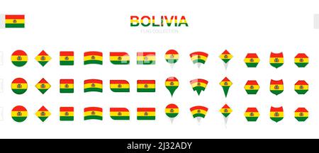 Grande collezione di bandiere boliviane di varie forme ed effetti. Grande set di flag vettoriali. Illustrazione Vettoriale