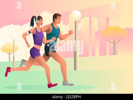 Coppia jogging e corsa all'aperto nel parco, art deco stile illustrazione vettoriale Illustrazione Vettoriale