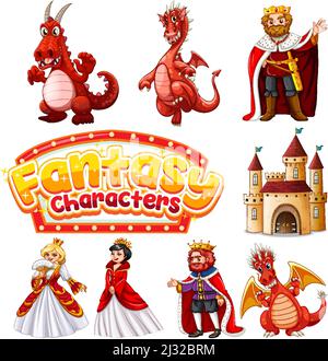 Set di drago e favola cartoon personaggi illustrazione Illustrazione Vettoriale