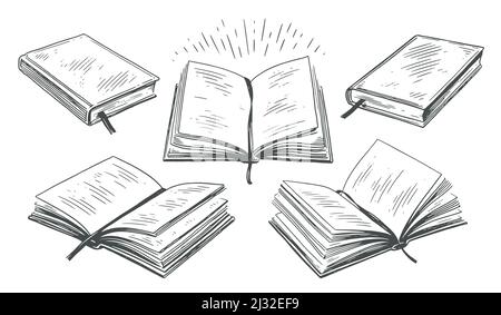 I libri impostano lo schizzo. Istruzione, concetto scolastico. Illustrazione vettoriale vintage Illustrazione Vettoriale