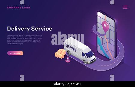 App online per servizi di distribuzione mobile, concetto isometrico vettoriale. Schermo del telefono cellulare con mappa e segnale gps, strada e minivan con pacchi. Spedizione via binario Illustrazione Vettoriale