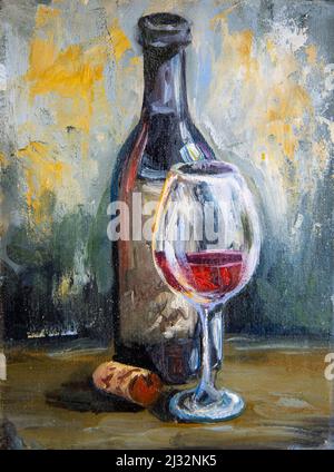 Bottiglia di vino con un bicchiere. Pittura ad olio con pennellate. Foto Stock