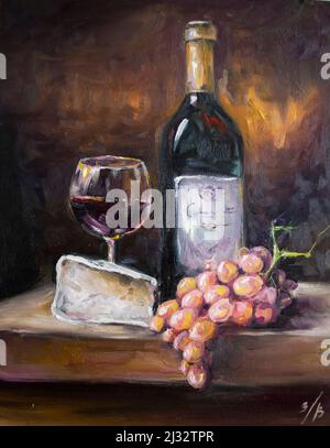 Vino in un bicchiere di uva. Pittura ad olio con pennellate. Foto Stock