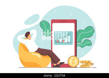 Reddito passivo e di mercato che investe illustrazione piatta del vettore. Investitore uomo rilassarsi in sedia e ottenere profitti di soldi, dividendi di azione. Lavoro remoto freelance o trading online. Concetto di libertà finanziaria. Illustrazione Vettoriale
