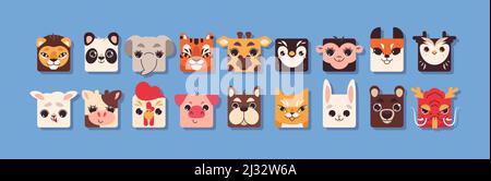 Cute facce di animali quadrati in stile piatto. Divertente collezione bambini forma testa di animali domestici, safari e animali da fattoria zoo elementi per bambini. Icona avatar colorati per l'applicazione di gioco per l'interfaccia utente mobile. Illustrazione Vettoriale