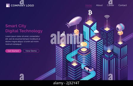 Infrastruttura urbana intelligente, Internet delle cose e tecnologia di rete wireless, vettore di concetto isometrico. Edifici urbani alti con wireles simbolo Illustrazione Vettoriale