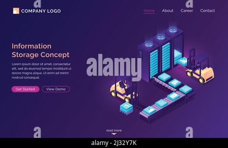 Concetto isometrico di memorizzazione delle informazioni, illustrazione vettoriale della tecnologia. Rack server, nastro trasportatore con icone di informazioni web e caricatrici gialle loadi Illustrazione Vettoriale