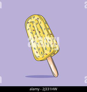 Gelato alla frutta Kawaii, succo congelato su bastone di legno, pop cicle fruttato. Colorato freddo estate dessert isolato. Illustrazione Vettoriale