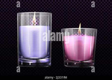 Candele brucianti in vasi di vetro, isolate su sfondo trasparente. Elementi di colore viola e rosa per divali di festa, vacanze di Natale o romantici Illustrazione Vettoriale