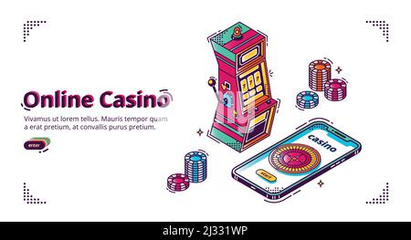 Casinò online mobile. Sfondo isometrico vettoriale con chip da gioco, slot machine e roulette sullo schermo dello smartphone. Poster pubblicitario, banne Illustrazione Vettoriale