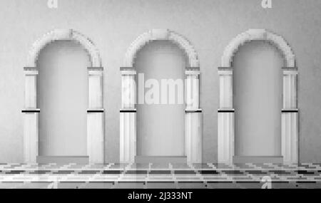 Archi con colonne in muro, porte interne con colonne bianche in palazzo o castello, archi, portale d'ingresso, antica alcova porta rotonda deco Illustrazione Vettoriale