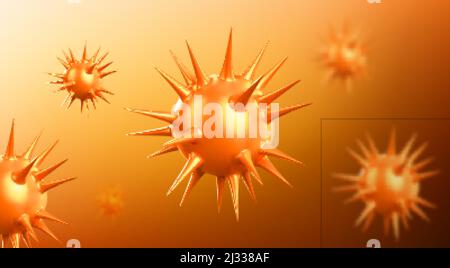 Coronavirus sfondo astratto con virus corona o sars cellule patogene volare. Covid 19 vaccinazione malattia, focolaio e pandemia, salute medica r Illustrazione Vettoriale