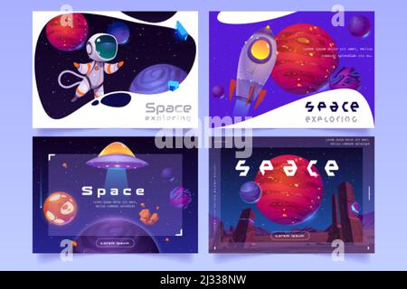 Poster spaziali, volantini esplorativi galassia. Insieme vettoriale di bandiere futuristiche con illustrazione cartoon di pianeti alieni, razzo, astronave ufo e astrona Illustrazione Vettoriale